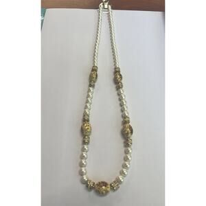 Japan Signed Faux Pearl Necklace W/Painted Floral Beads & Gold Spacers
